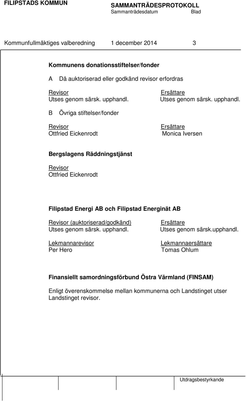 B Övriga stiftelser/fonder Revisor Ottfried Eickenrodt Monica Iversen Bergslagens Räddningstjänst Revisor Ottfried Eickenrodt Filipstad Energi AB och Filipstad