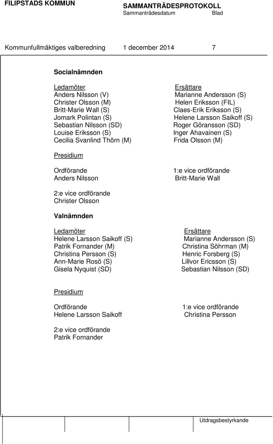 1:e vice ordförande Britt-Marie Wall 2:e vice ordförande Christer Olsson Valnämnden Helene Larsson Saikoff (S) Patrik Fornander (M) Christina Persson (S) Ann-Marie Rosö (S) Gisela Nyquist (SD)