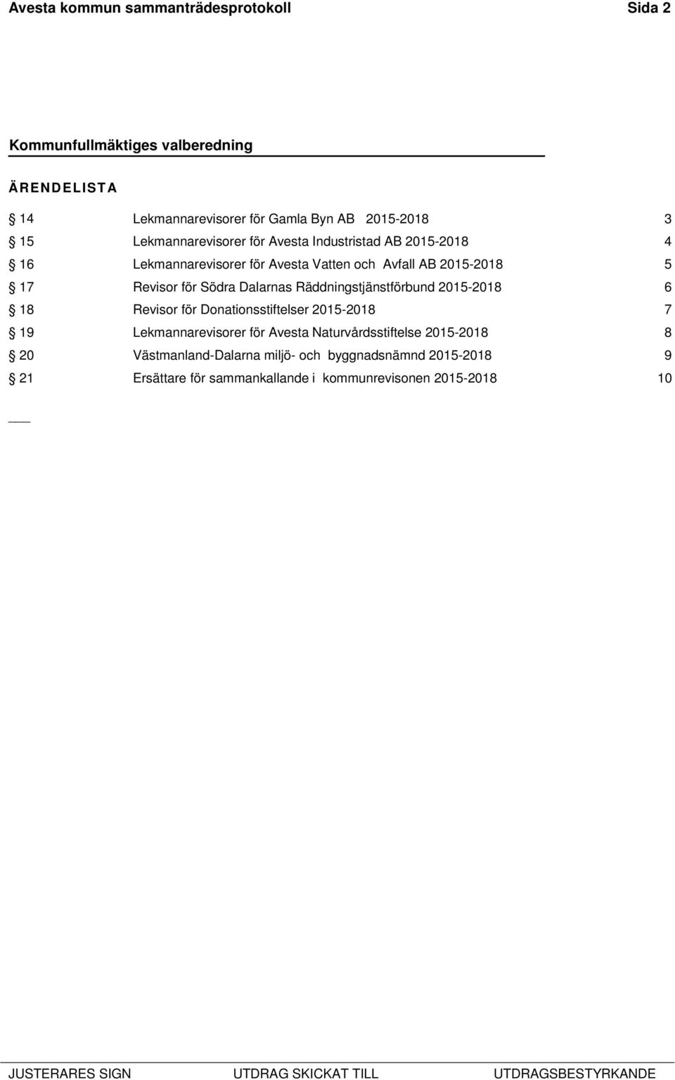 Räddningstjänstförbund 2015-2018 6 18 Revisor för Donationsstiftelser 2015-2018 7 19 Lekmannarevisorer för Avesta