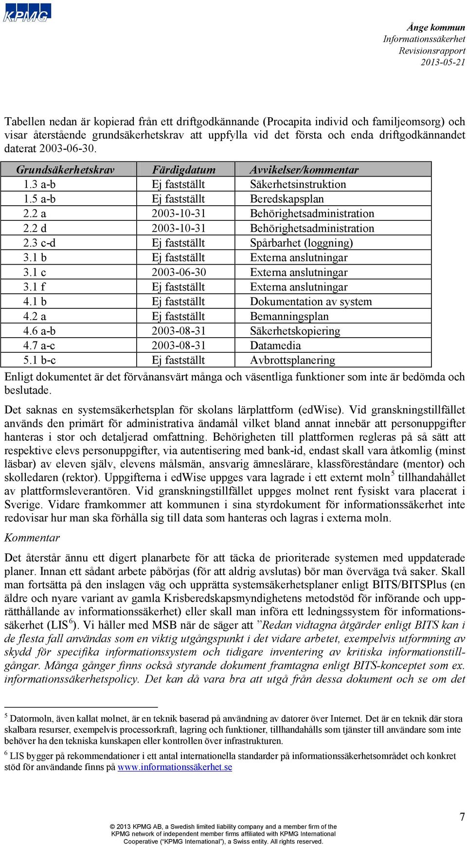 2 d 2003-10-31 Behörighetsadministration 2.3 c-d Ej fastställt Spårbarhet (loggning) 3.1 b Ej fastställt Externa anslutningar 3.1 c 2003-06-30 Externa anslutningar 3.