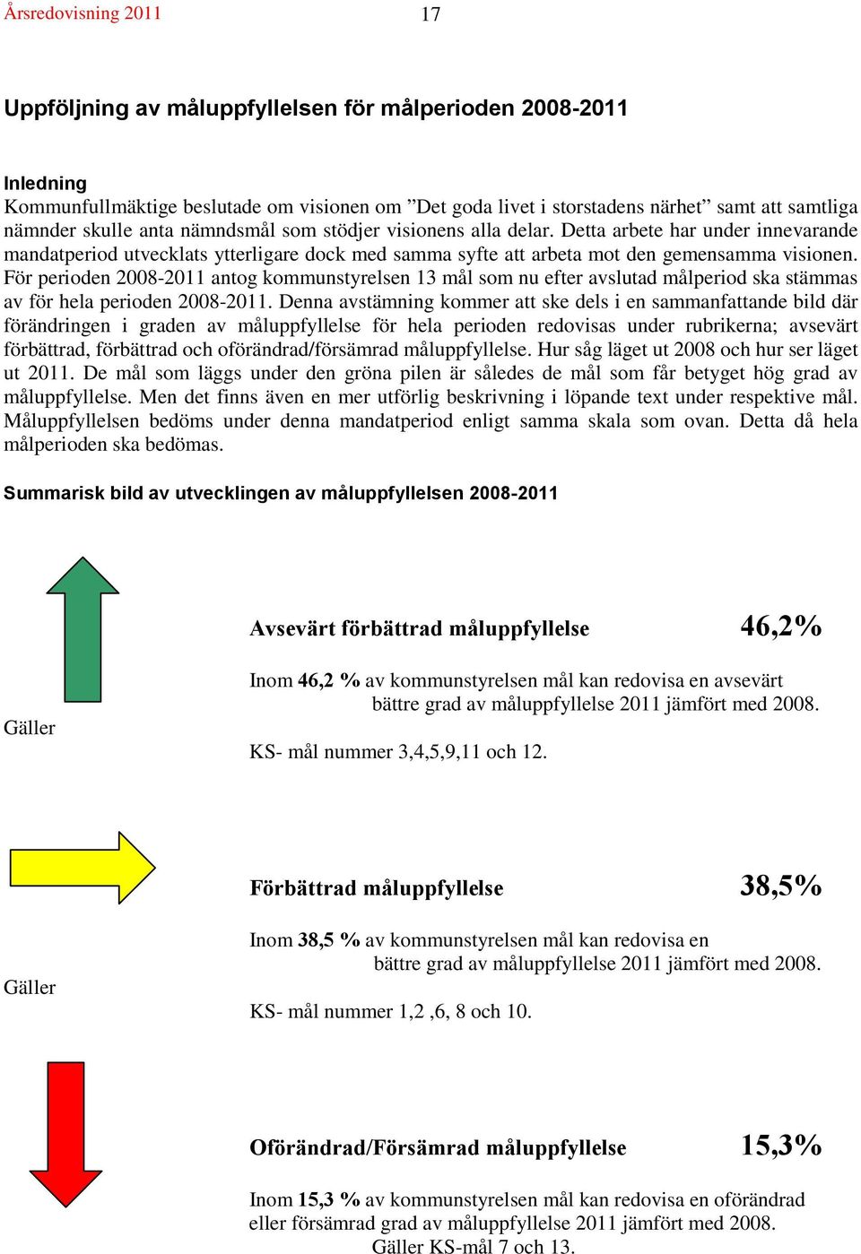 För perioden 2008-2011 antog kommunstyrelsen 13 mål som nu efter avslutad målperiod ska stämmas av för hela perioden 2008-2011.