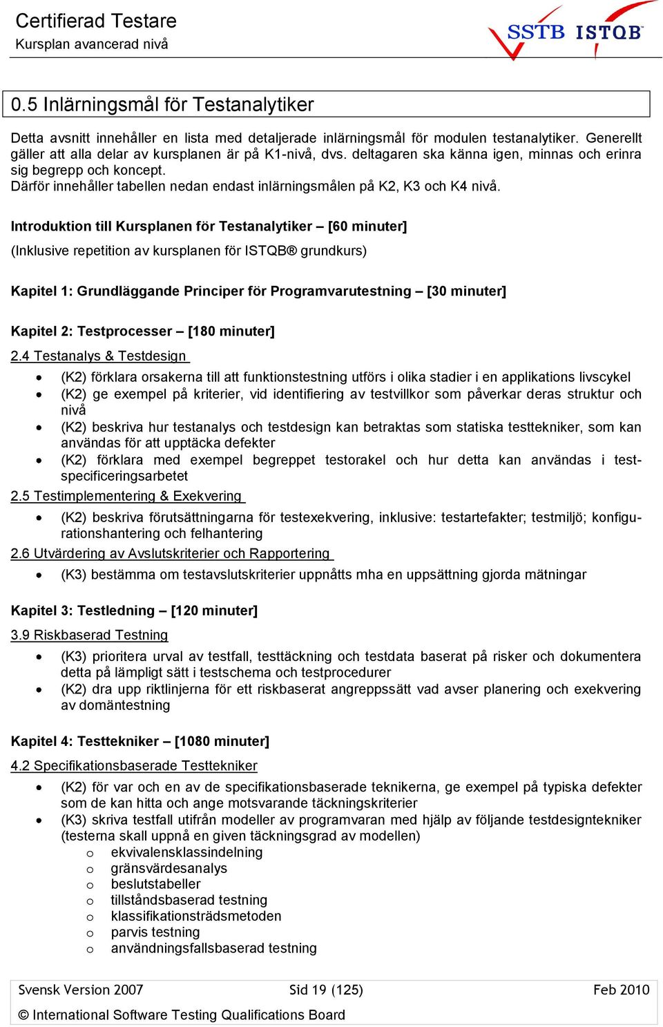 Introduktion till Kursplanen för Testanalytiker [60 minuter] (Inklusive repetition av kursplanen för ISTQB grundkurs) Kapitel 1: Grundläggande Principer för Programvarutestning [30 minuter] Kapitel