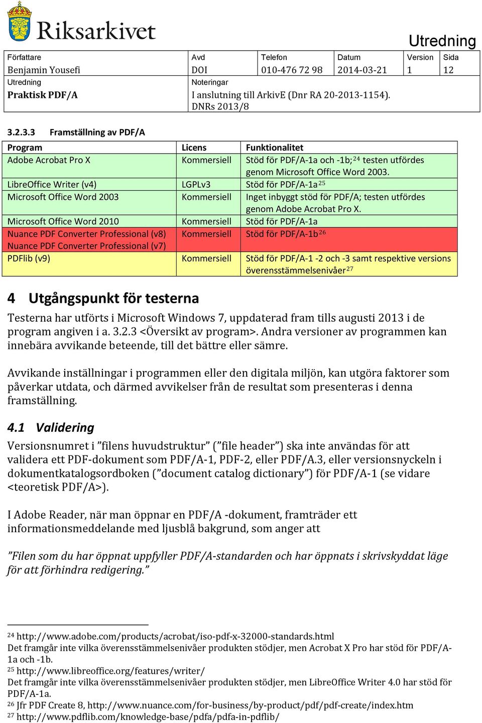 LibreOffice Writer (v4) LGPLv3 Stöd för PDF/A-1a 25 Microsoft Office Word 2003 Kommersiell Inget inbyggt stöd för PDF/A; testen utfördes genom Adobe Acrobat Pro X.