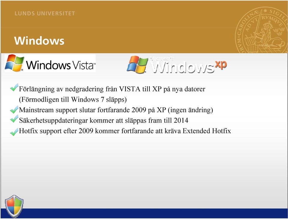 2009 på XP (ingen ändring) Säkerhetsuppdateringar kommer att släppas fram