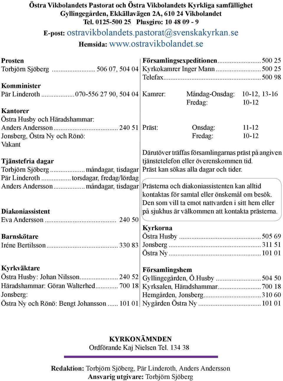 ..070-556 27 90, 504 04 Kantorer Östra Husby och Häradshammar: Anders Andersson... 240 51 Jonsberg, Östra Ny och Rönö: Vakant Tjänstefria dagar Torbjörn Sjöberg...måndagar, tisdagar Pär Linderoth.