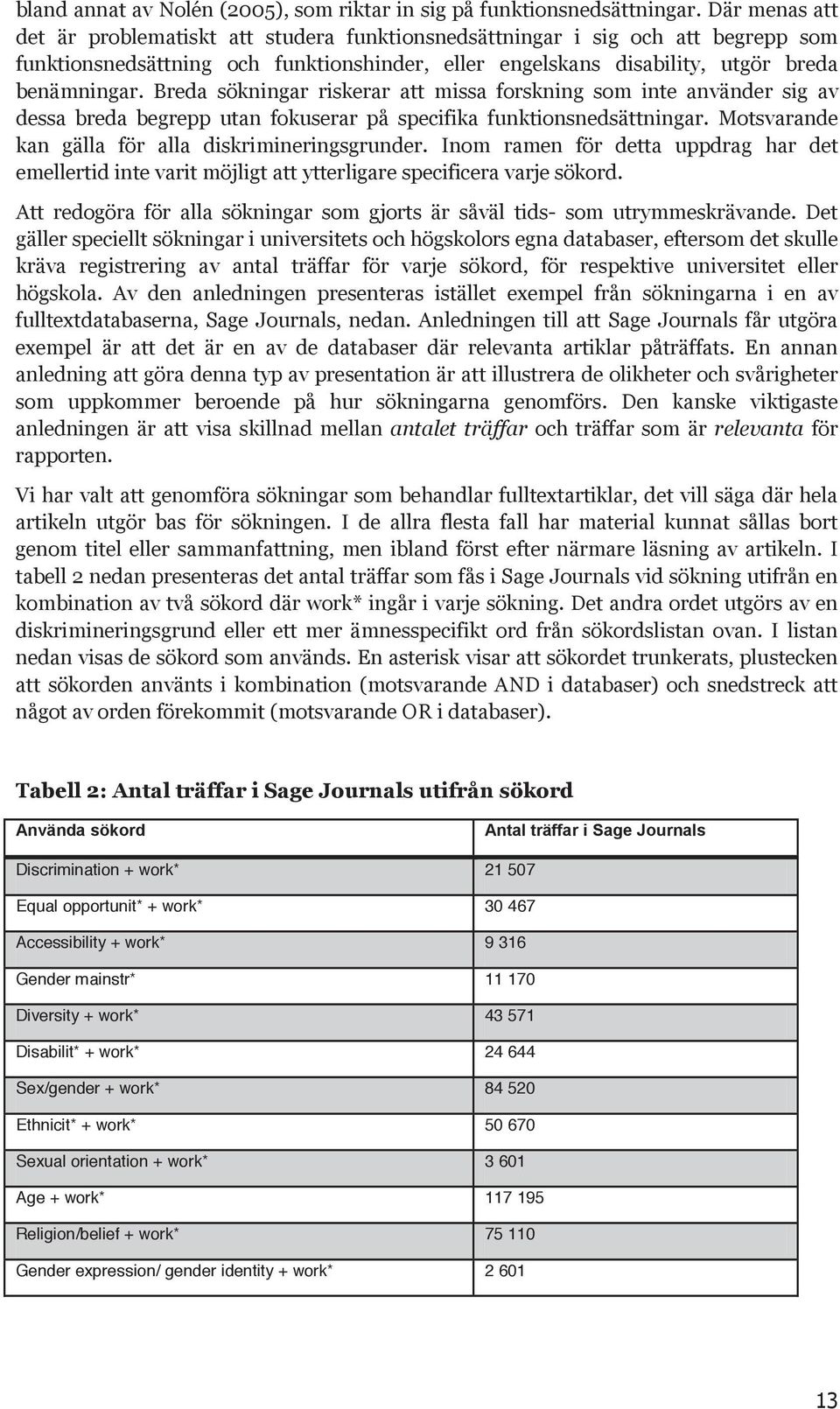 Breda sökningar riskerar att missa forskning som inte använder sig av dessa breda begrepp utan fokuserar på specifika funktionsnedsättningar. Motsvarande kan gälla för alla diskrimineringsgrunder.