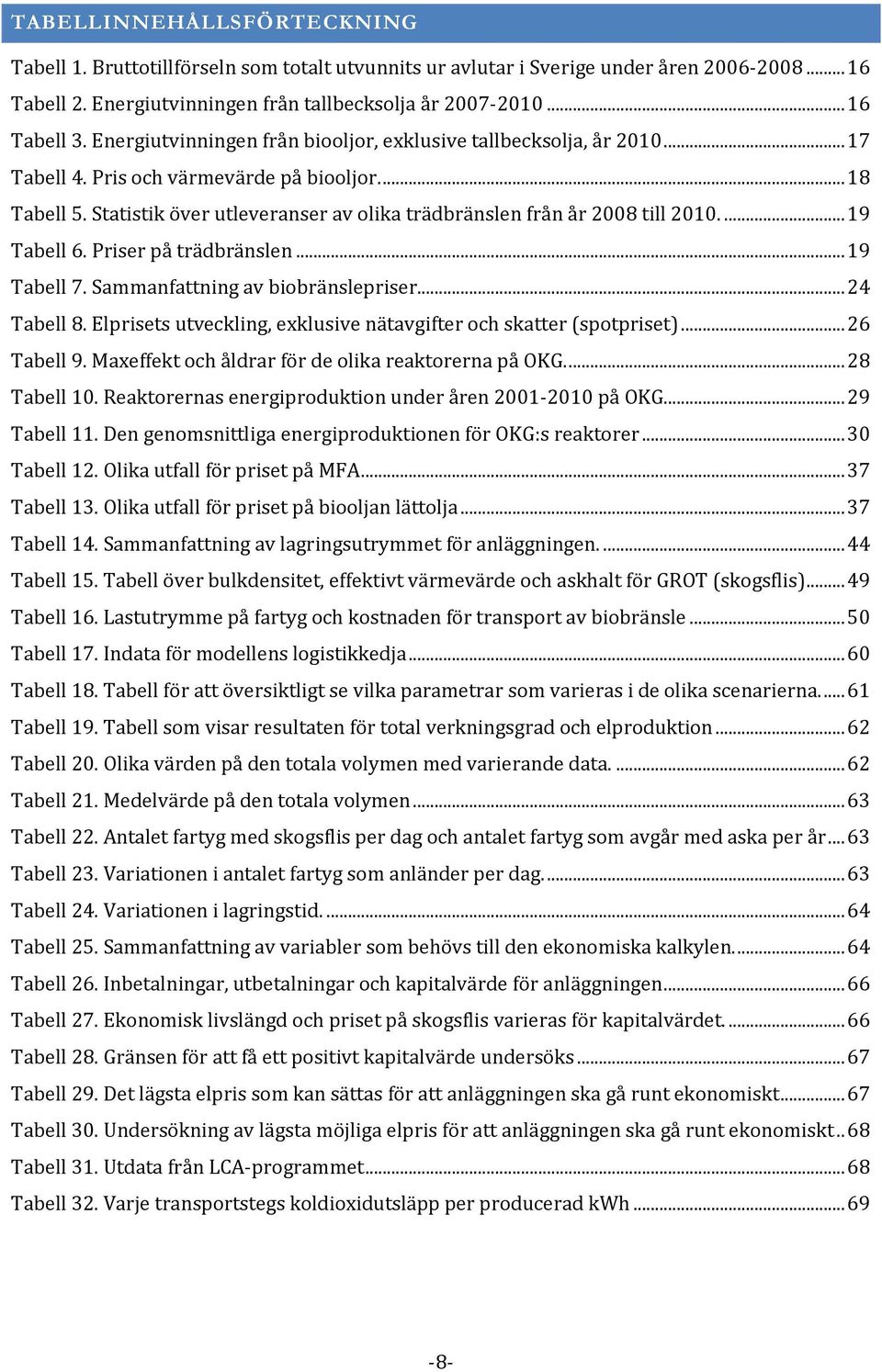 Statistik över utleveranser av olika trädbränslen från år 2008 till 2010.... 19 Tabell 6. Priser på trädbränslen... 19 Tabell 7. Sammanfattning av biobränslepriser... 24 Tabell 8.