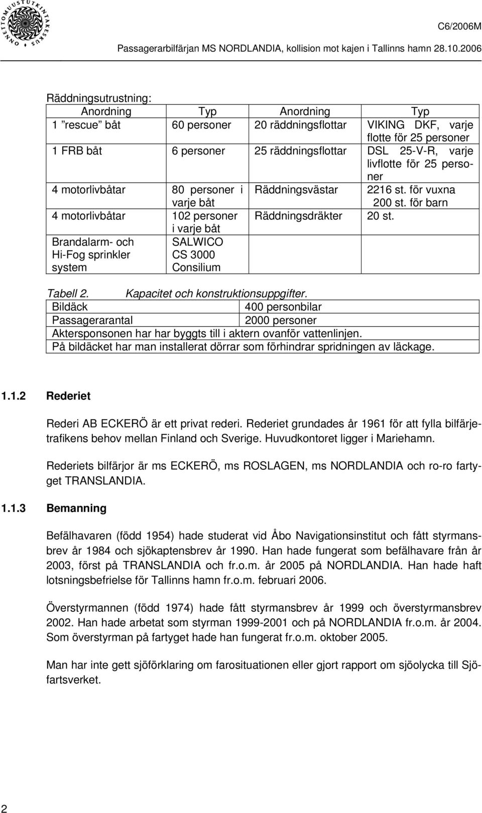 Brandalarm- och Hi-Fog sprinkler system i varje båt SALWICO CS 3000 Consilium Tabell 2. Kapacitet och konstruktionsuppgifter.