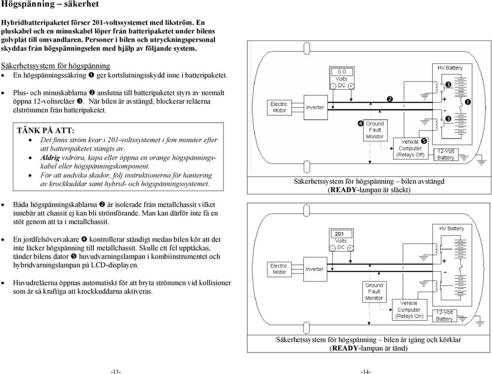 Säkerhetssystem för högspänning En högspänningssäkring ger kortslutningsskydd inne i batteripaketet. Plus- och minuskablarna anslutna till batteripaketet styrs av normalt öppna 12-voltsreläer.