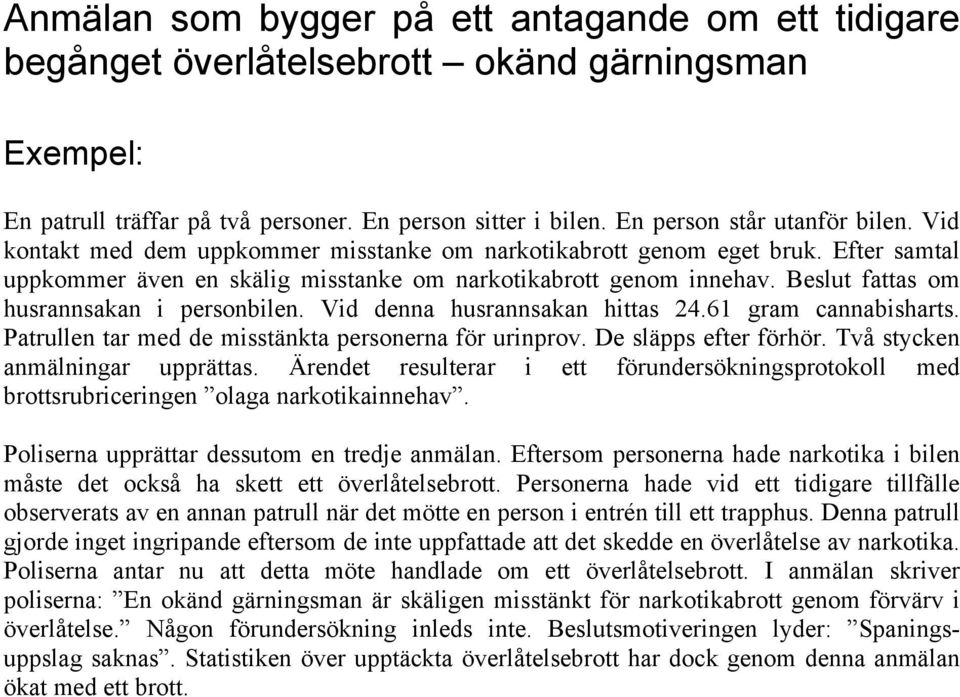 Vid denna husrannsakan hittas 24.61 gram cannabisharts. Patrullen tar med de misstänkta personerna för urinprov. De släpps efter förhör. Två stycken anmälningar upprättas.