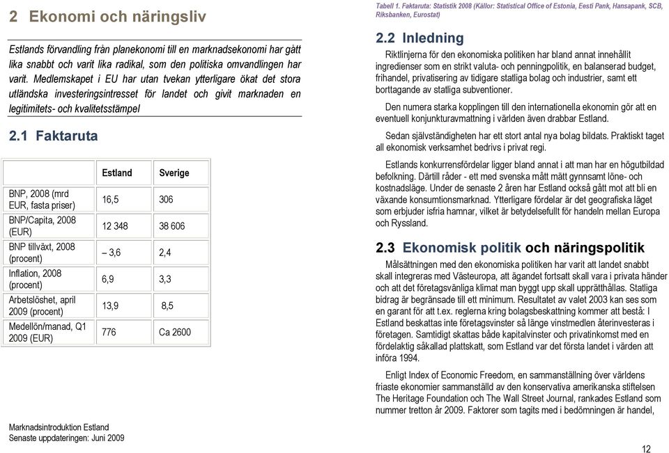 1 Faktaruta BNP, 2008 (mrd EUR, fasta priser) BNP/Capita, 2008 (EUR) BNP tillväxt, 2008 (procent) Inflation, 2008 (procent) Arbetslöshet, april 2009 (procent) Medellön/manad, Q1 2009 (EUR) Estland