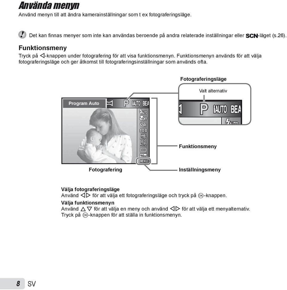 Funktionsmenyn används för att välja fotograferingsläge och ger åtkomst till fotograferingsinställningar som används ofta. Fotograferingsläge Program Auto P Valt alternativ P Fotografering 0.