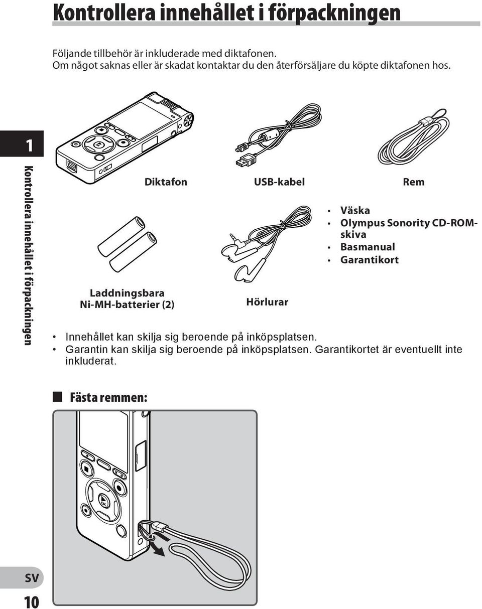1 Kontrollera innehållet i förpackningen Laddningsbara Ni-MH-batterier (2) Diktafon USB-kabel Rem Hörlurar Väska Olympus