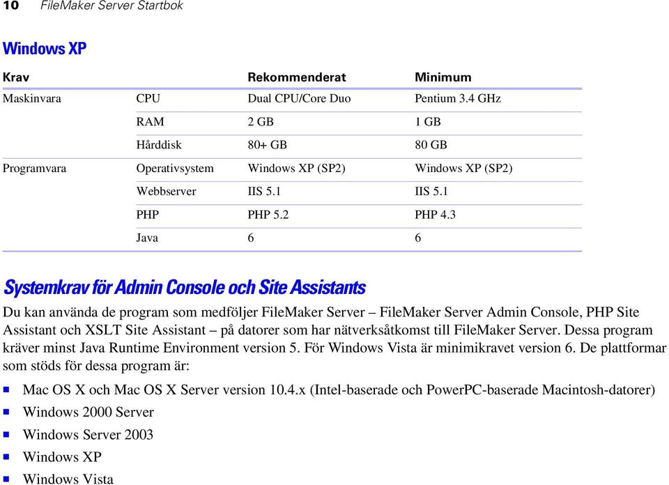 3 Java 6 6 Systemkrav för Admin Console och Site Assistants Du kan använda de program som medföljer FileMaker Server FileMaker Server Admin Console, PHP Site Assistant och XSLT Site Assistant på