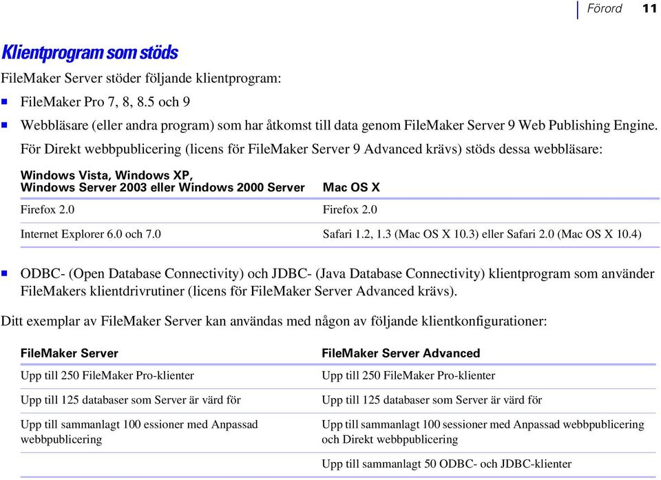 För Direkt webbpublicering (licens för FileMaker Server 9 Advanced krävs) stöds dessa webbläsare: Windows Vista, Windows XP, Windows Server 2003 eller Windows 2000 Server Mac OS X Firefox 2.