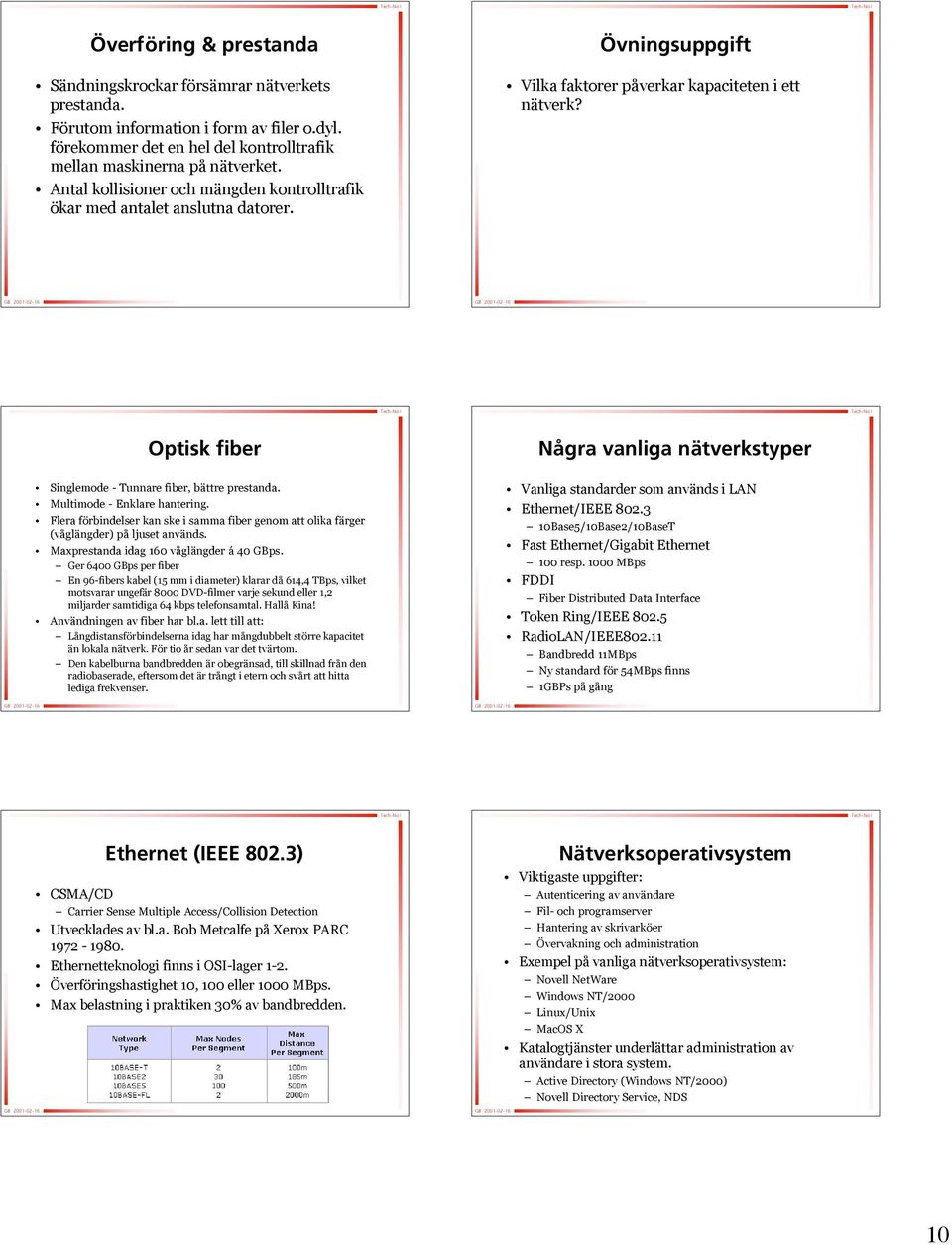 Övningsuppgift Vilka faktorer påverkar p kapaciteten i ett nätverk? Optisk fiber Singlemode - Tunnare fiber, bättre b prestanda. Multimode - Enklare hantering.