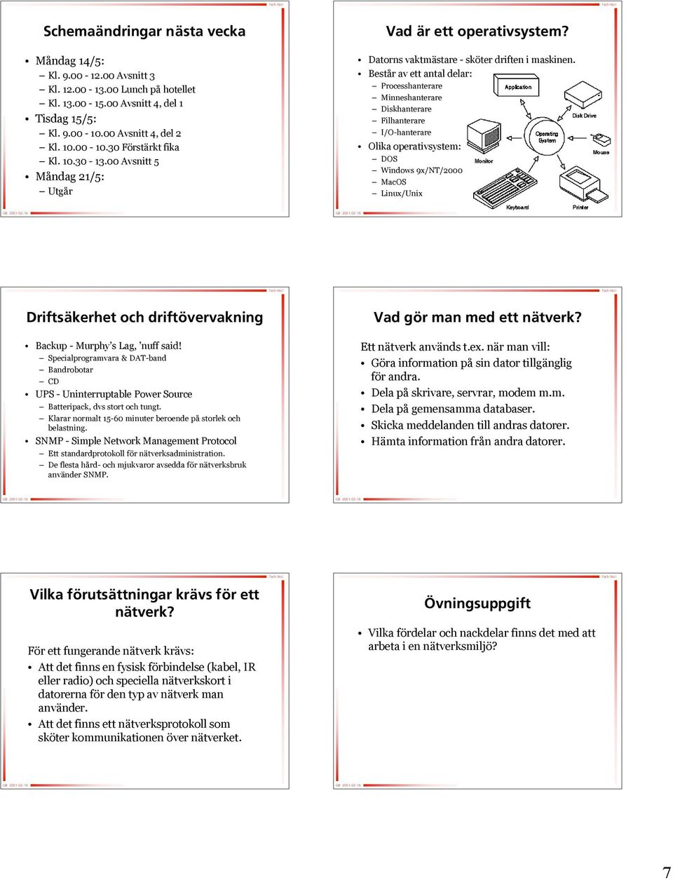 Består r av ett antal delar: Processhanterare Minneshanterare Diskhanterare Filhanterare I/O-hanterare Olika operativsystem: DOS Windows 9x/NT/2000 MacOS Linux/Unix Driftsäkerhet och driftövervakning