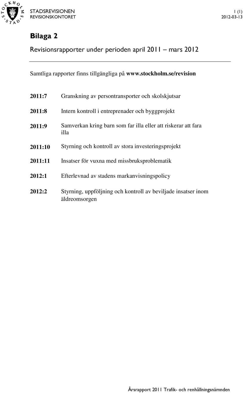 barn som far illa eller att riskerar att fara illa 2011:10 Styrning och kontroll av stora investeringsprojekt 2011:11 Insatser för vuxna med