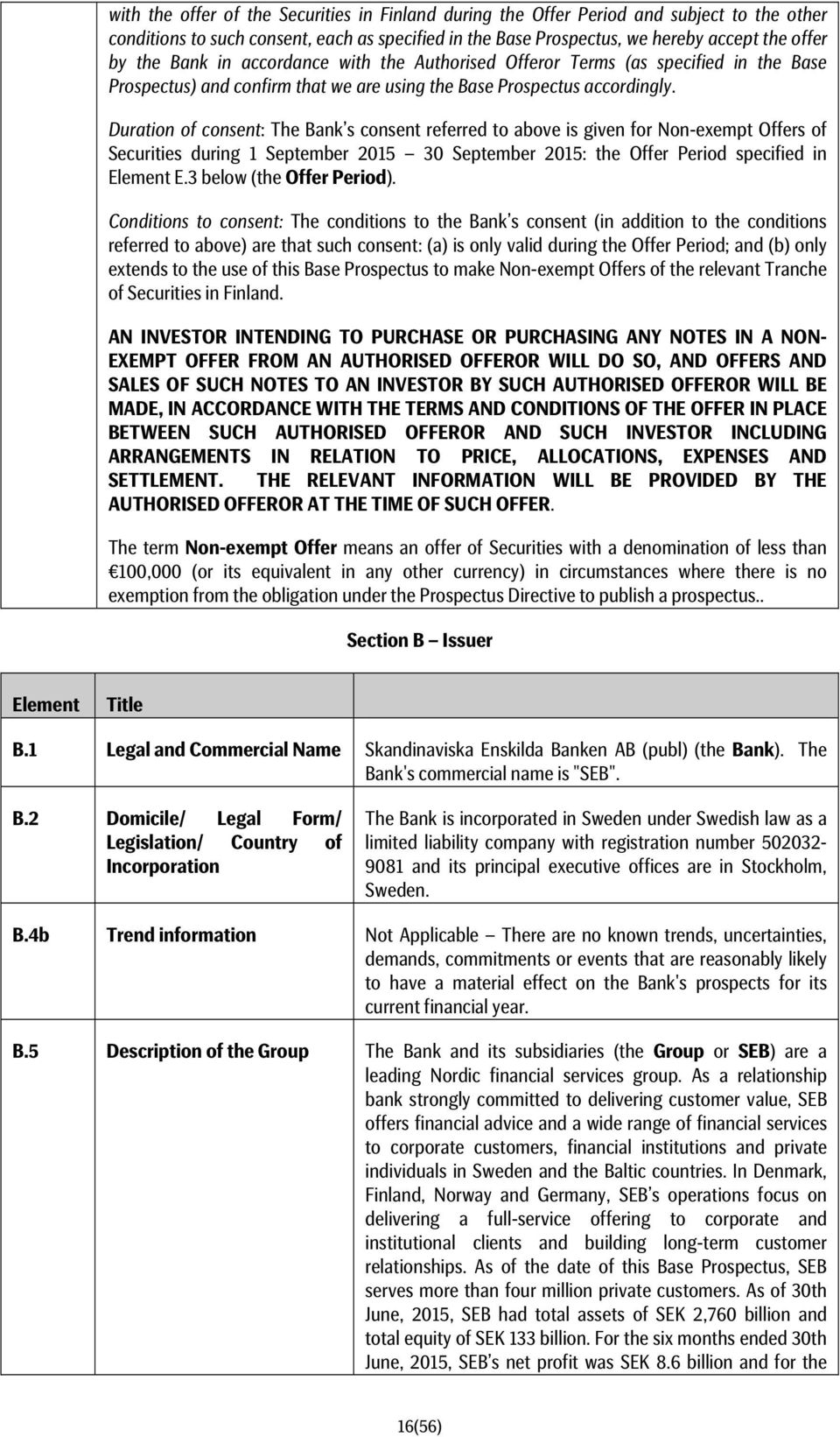 Duration of consent: The Bank s consent referred to above is given for Non-exempt Offers of Securities during 1 September 2015 30 September 2015: the Offer Period specified in Element E.