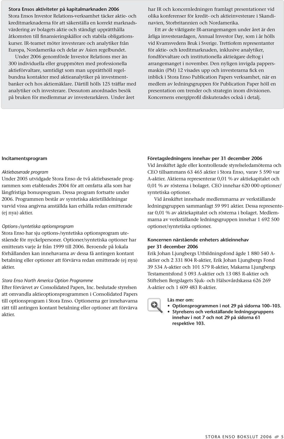 Under 2006 genomförde Investor Relations mer än 300 individuella eller gruppmöten med professionella aktieförvaltare, samtidigt som man upprätthöll regelbundna kontakter med aktieanalytiker på