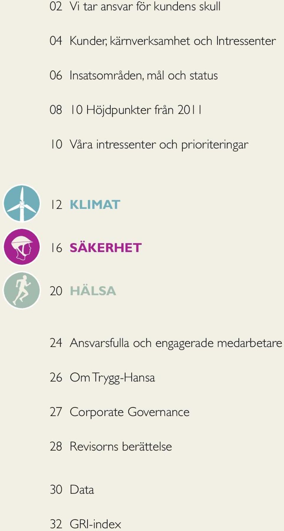 prioriteringar 12 Klimat 16 SÄKERHET 20 HÄLSA 24 Ansvarsfulla och engagerade