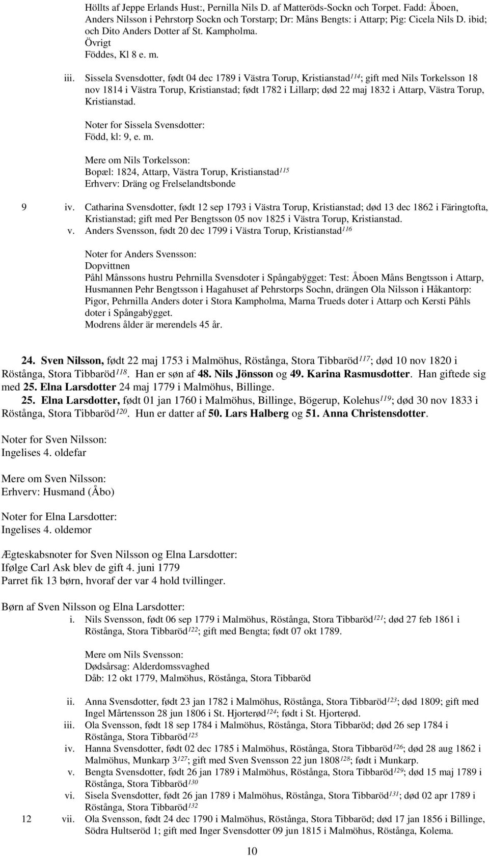 Sissela Svensdotter, født 04 dec 1789 i Västra Torup, Kristianstad 114 ; gift med Nils Torkelsson 18 nov 1814 i Västra Torup, Kristianstad; født 1782 i Lillarp; død 22 maj 1832 i Attarp, Västra