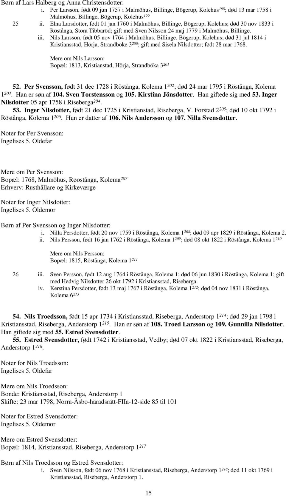 Nils Larsson, født 05 nov 1764 i Malmöhus, Billinge, Bögerup, Kolehus; død 31 jul 1814 i Kristiansstad, Hörja, Strandböke 3 200 ; gift med Sisela Nilsdotter; født 28 mar 1768.