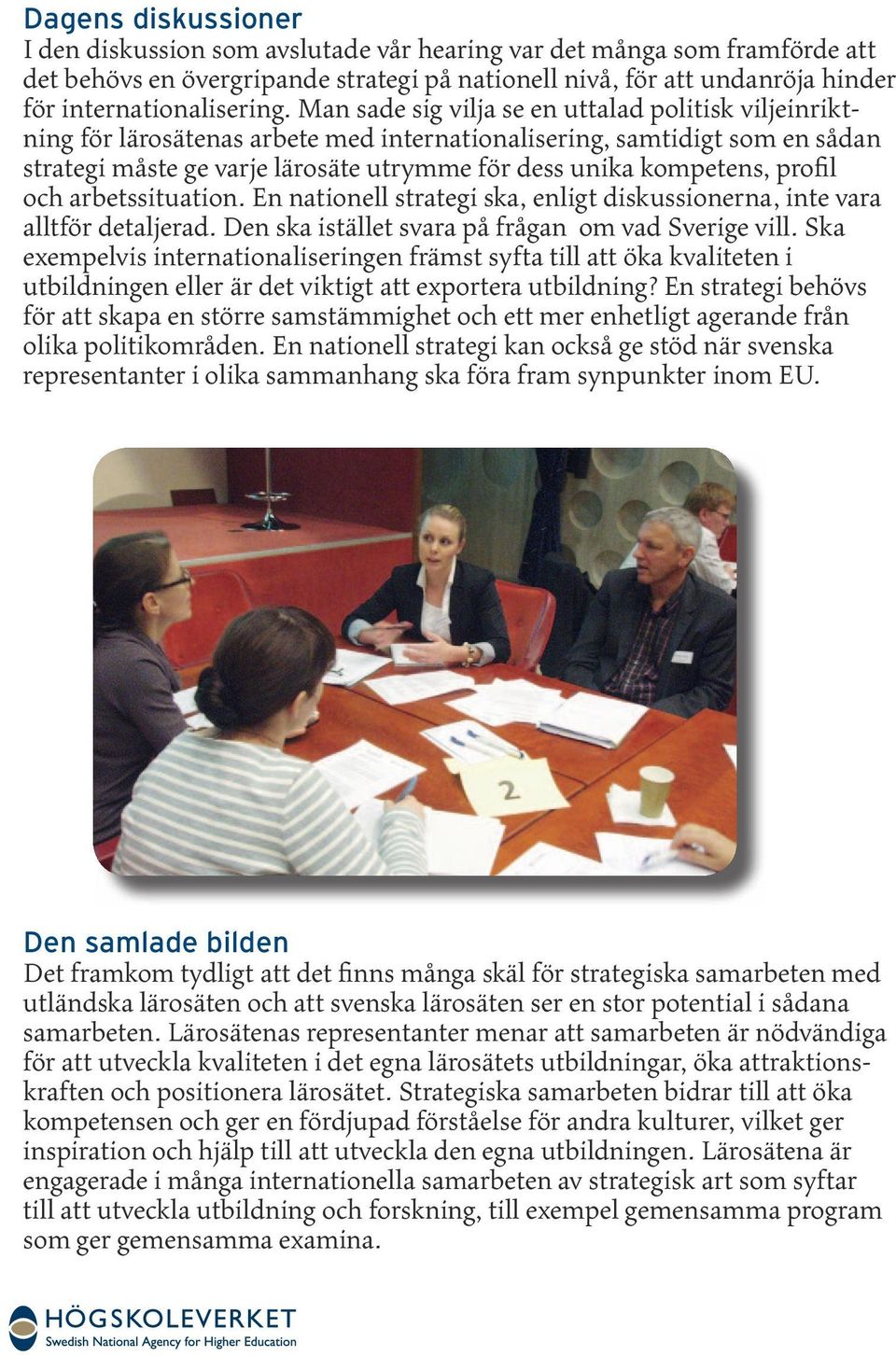 profil och arbetssituation. En nationell strategi ska, enligt diskussionerna, inte vara alltför detaljerad. Den ska istället svara på frågan om vad Sverige vill.