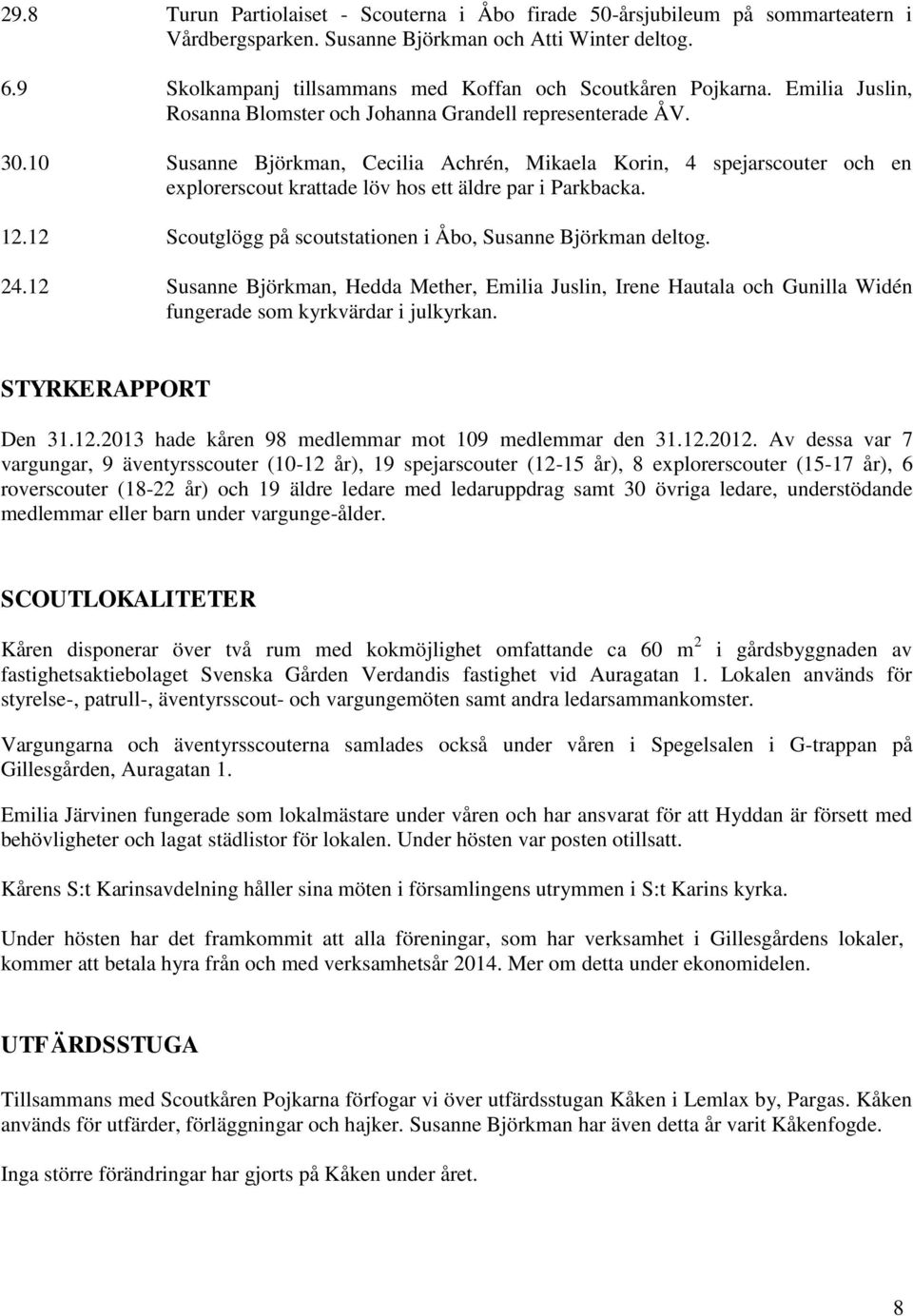 10 Susanne Björkman, Cecilia Achrén, Mikaela Korin, 4 spejarscouter och en explorerscout krattade löv hos ett äldre par i Parkbacka. 12.12 Scoutglögg på scoutstationen i Åbo, Susanne Björkman deltog.