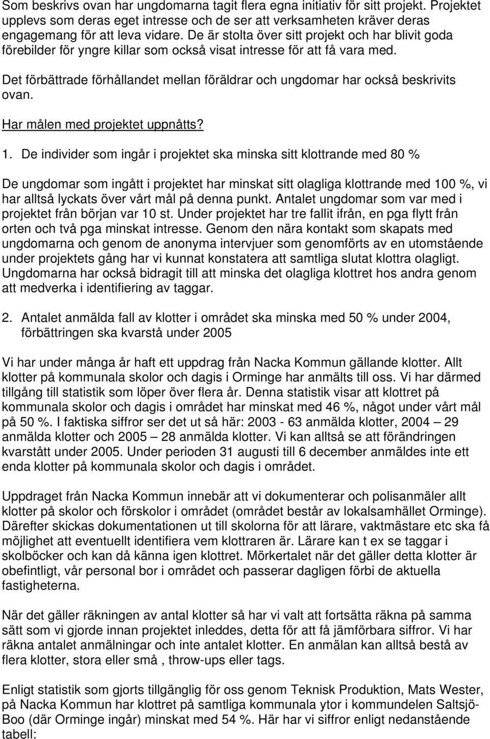 Det förbättrade förhållandet mellan föräldrar och ungdomar har också beskrivits ovan. Har målen med projektet uppnåtts? 1.