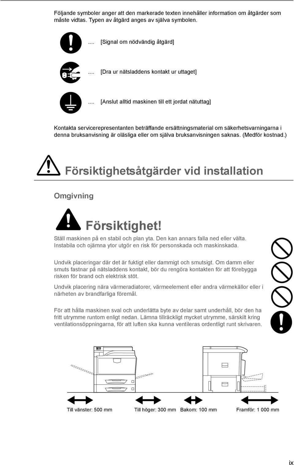 .. [Anslut alltid maskinen till ett jordat nätuttag] Kontakta servicerepresentanten beträffande ersättningsmaterial om säkerhetsvarningarna i denna bruksanvisning är oläsliga eller om själva