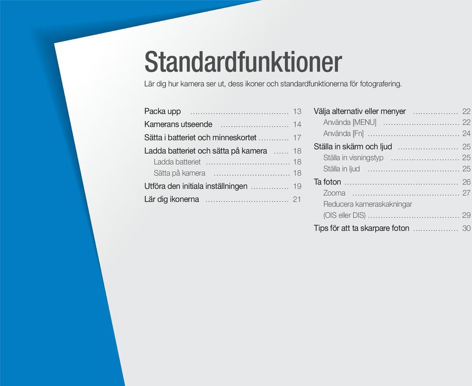 på kamera 18 Utföra den initiala inställningen 19 Lär dig ikonerna 21 Välja alternativ eller menyer 22 Använda [MENU] 22 Använda [Fn] 24