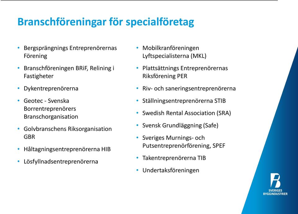 Mobilkranföreningen Lyftspecialisterna (MKL) Plattsättnings Entreprenörernas Riksförening PER Riv- och saneringsentreprenörerna