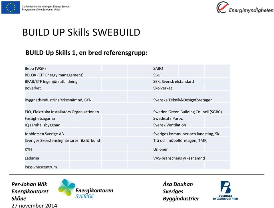 riksförbund KYH Ledarna SABO SBUF SEK, Svensk elstandard Skolverket Svenska Teknik&Designföretagen Sweden Green Building Council (SGBC)