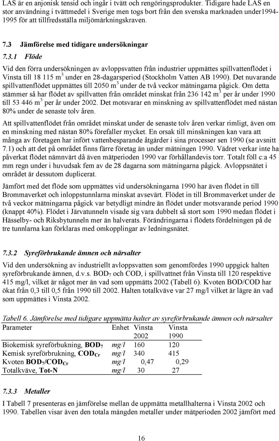 3 Jämförelse med tidigare undersökningar 7.3.1 Flöde Vid den förra undersökningen av avloppsvatten från industrier uppmättes spillvattenflödet i Vinsta till 18 115 m 3 under en 28-dagarsperiod (Stockholm Vatten AB 1990).