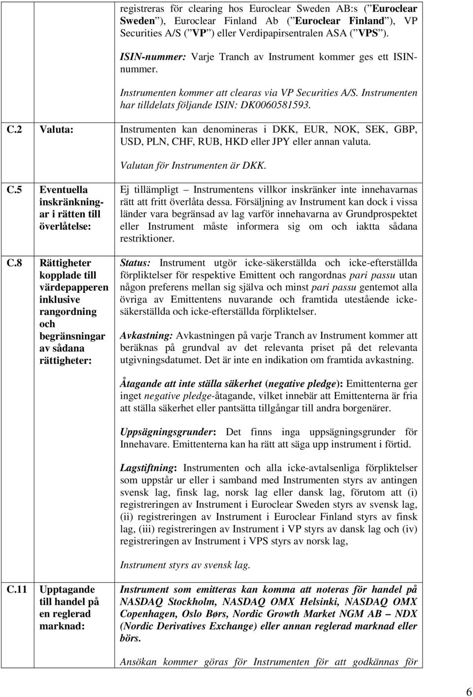 2 Valuta: Instrumenten kan denomineras i DKK, EUR, NOK, SEK, GBP, USD, PLN, CHF, RUB, HKD eller JPY eller annan valuta. Valutan för Instrumenten är DKK. C.5 Eventuella inskränkningar i rätten till överlåtelse: C.