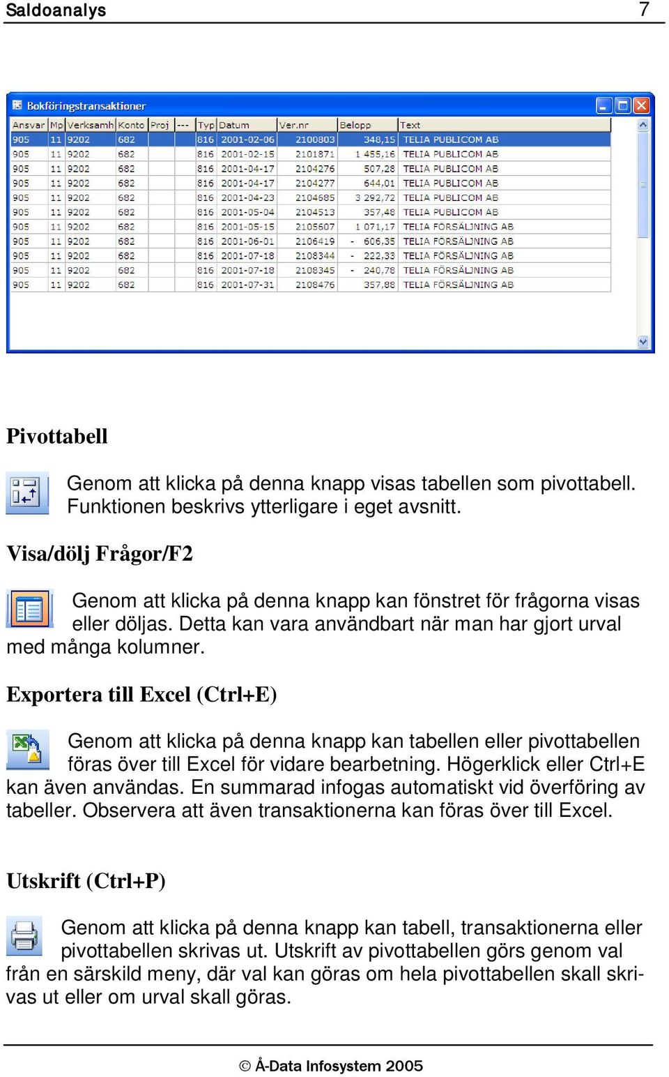 Exportera till Excel (Ctrl+E) Genom att klicka på denna knapp kan tabellen eller pivottabellen föras över till Excel för vidare bearbetning. Högerklick eller Ctrl+E kan även användas.