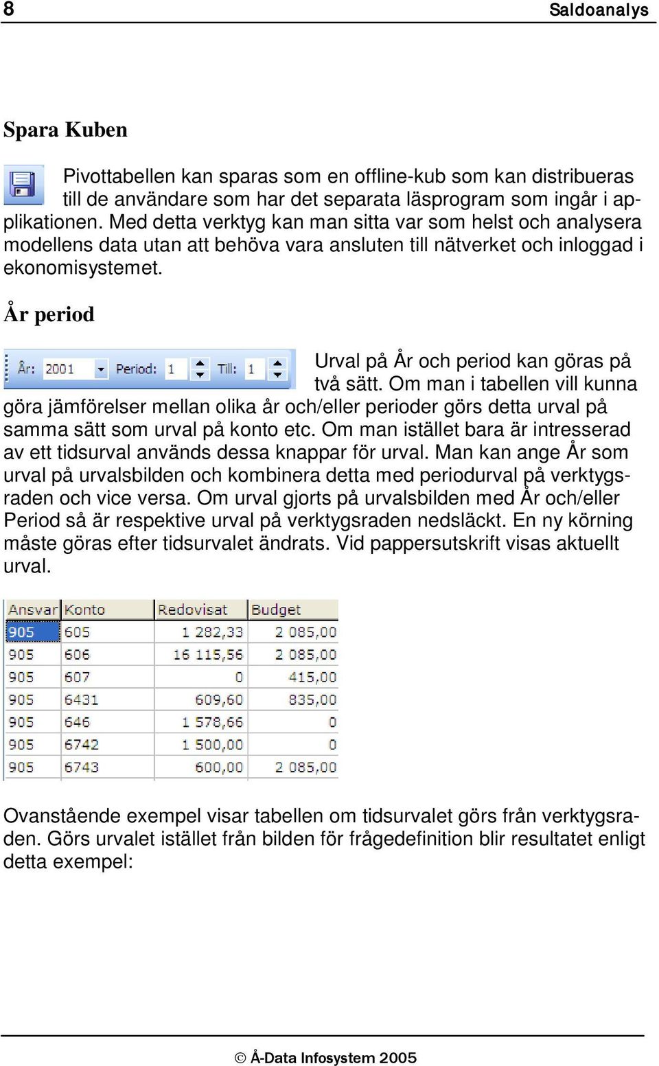 År period Urval på År och period kan göras på två sätt. Om man i tabellen vill kunna göra jämförelser mellan olika år och/eller perioder görs detta urval på samma sätt som urval på konto etc.