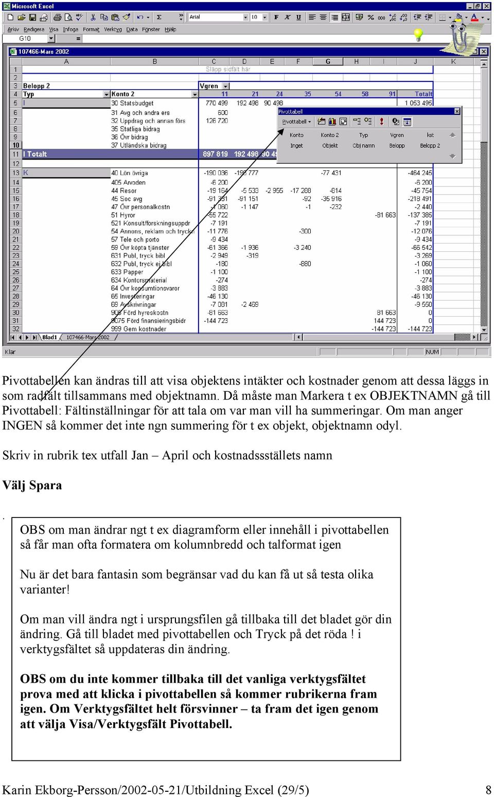 Om man anger INGEN så kommer det inte ngn summering för t ex objekt, objektnamn odyl. Skriv in rubrik tex utfall Jan April och kostnadssställets namn Välj Spara.