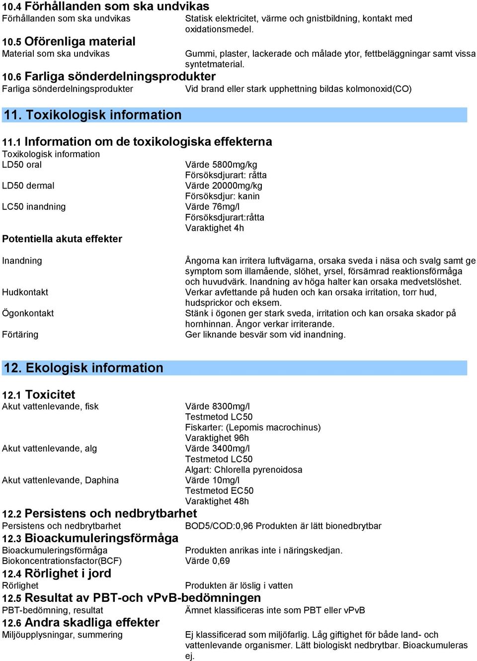 6 Farliga sönderdelningsprodukter Farliga sönderdelningsprodukter Vid brand eller stark upphettning bildas kolmonoxid(co) 11. Toxikologisk information 11.