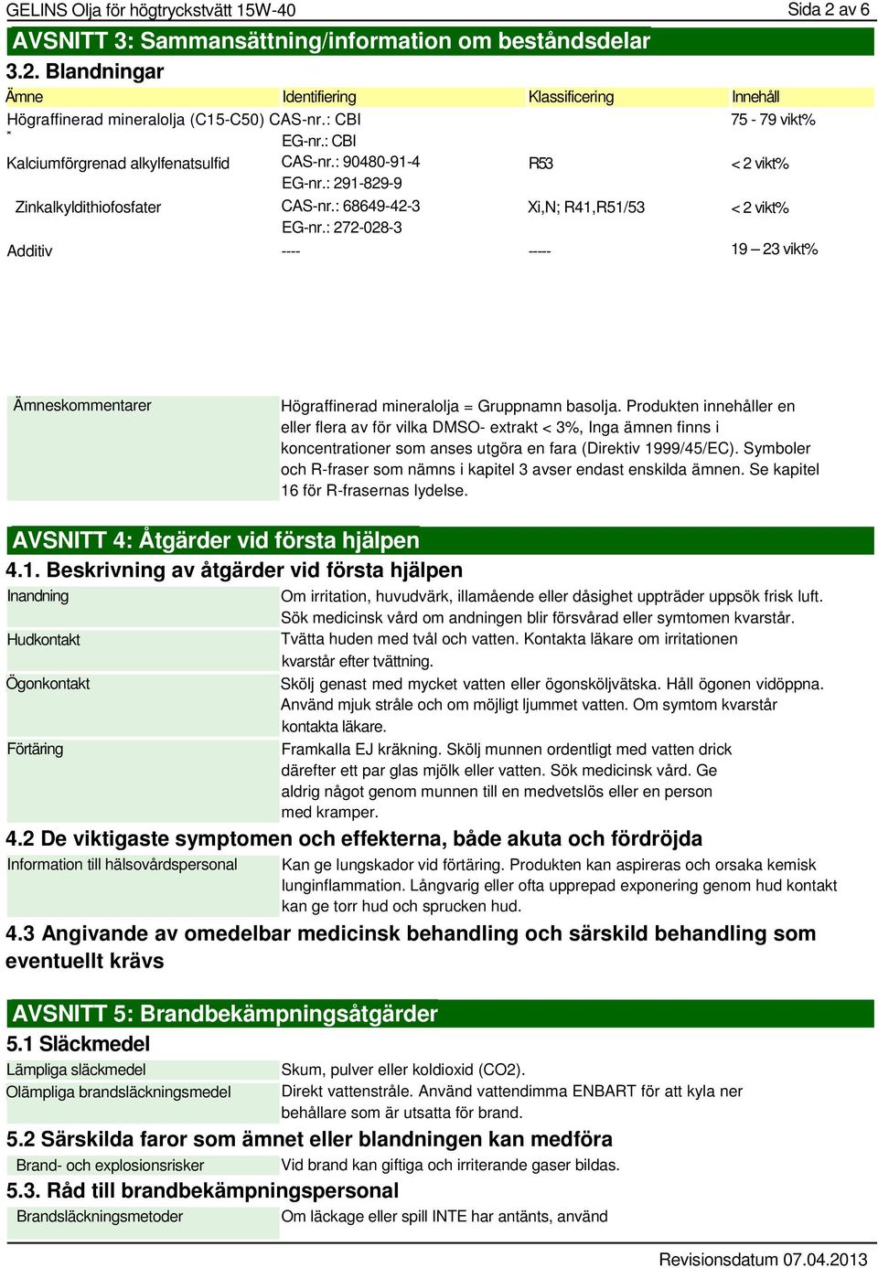 : 272-028-3 Additiv ---- ----- 19 23 vikt% Ämneskommentarer Högraffinerad mineralolja = Gruppnamn basolja.