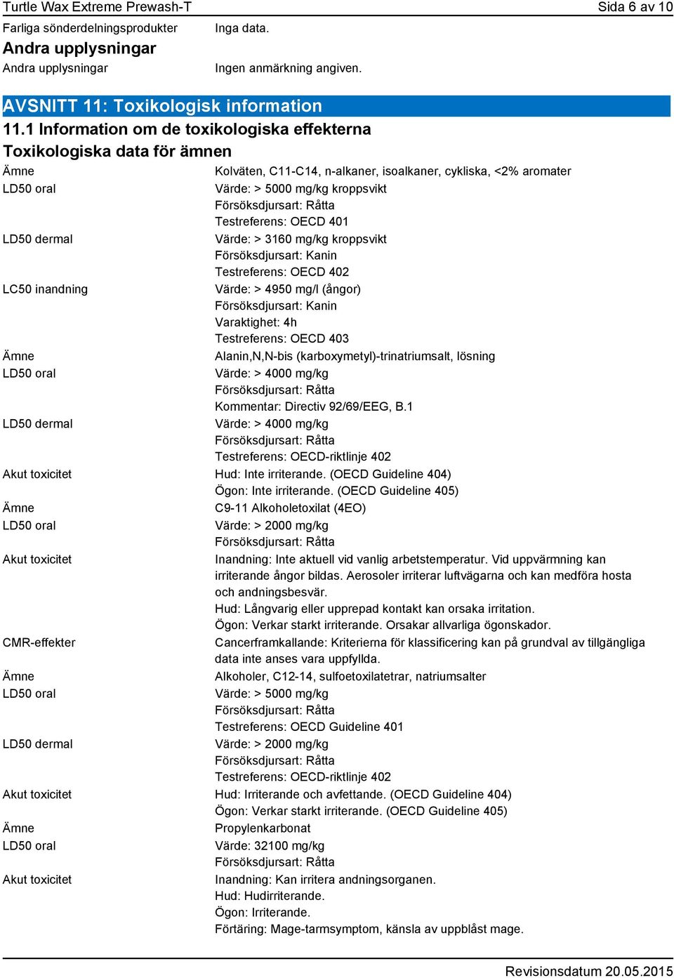 401 LD50 dermal Värde: > 3160 mg/kg kroppsvikt Försöksdjursart: Kanin Testreferens: OECD 402 LC50 inandning Värde: > 4950 mg/l (ångor) Försöksdjursart: Kanin Varaktighet: 4h Testreferens: OECD 403