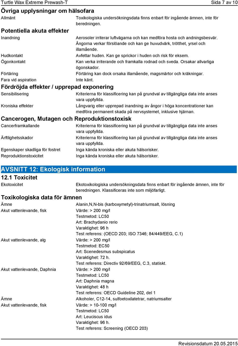 12: Ekologisk information 12.1 Toxicitet Ekotoxicitet Toxikologiska undersökningsdata finns enbart för ingående ämnen, inte för beredningen.