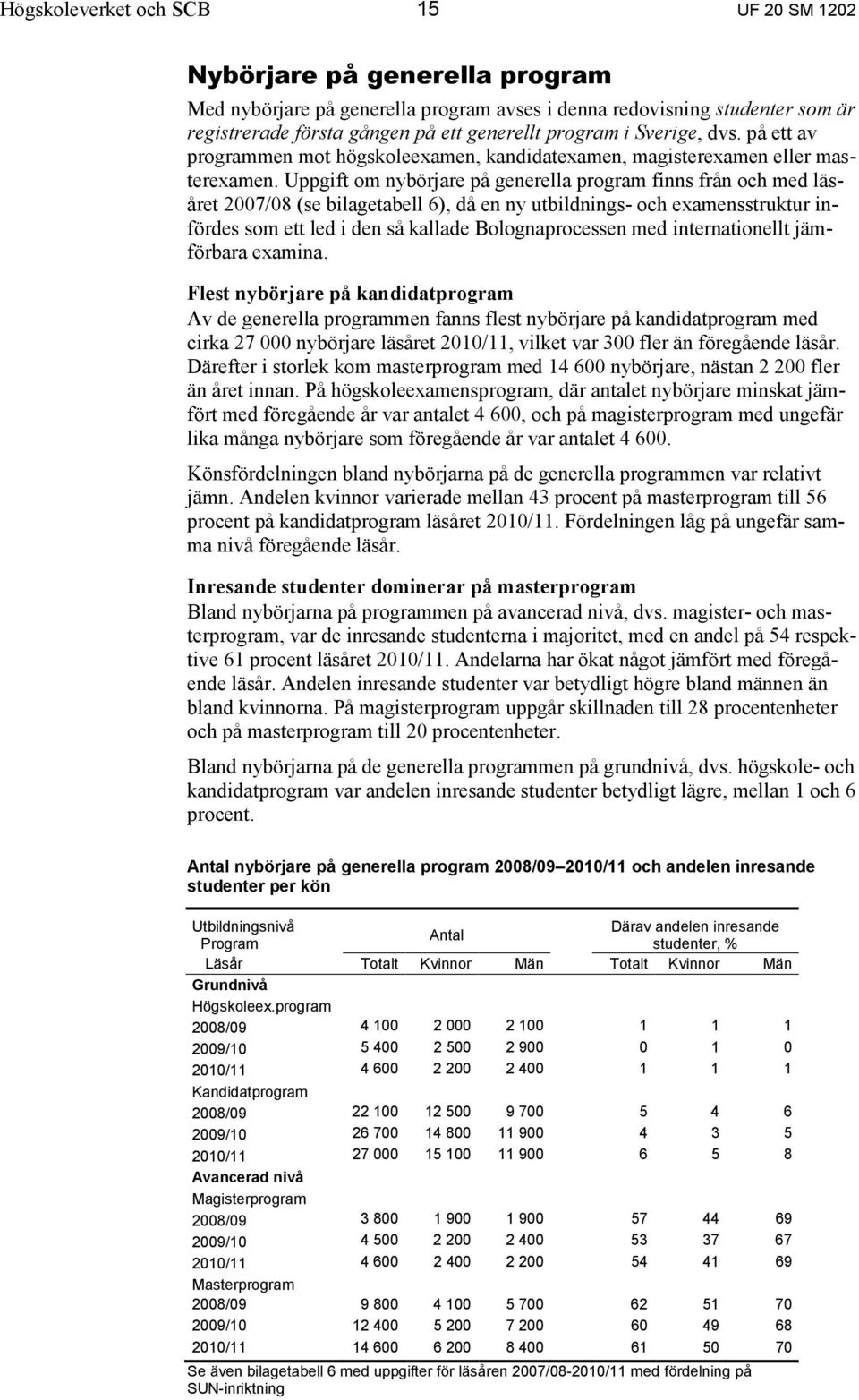 Uppgift om nybörjare på generella program finns från och med läsåret 2007/08 (se bilagetabell 6), då en ny utbildnings- och examensstruktur infördes som ett led i den så kallade Bolognaprocessen med