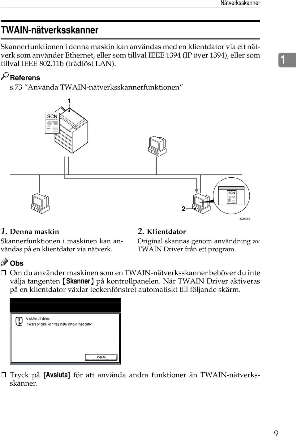 Denna maskin Skannerfunktionen i maskinen kan användas på en klientdator via nätverk. 2. Klientdator Original skannas genom användning av TWAIN Driver från ett program.