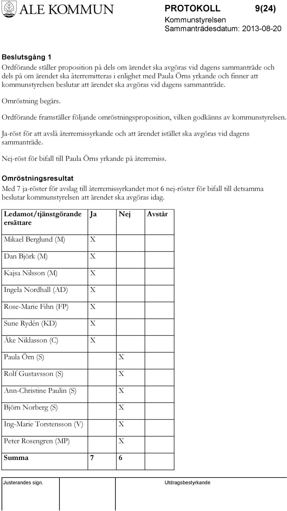 Ja-röst för att avslå återremissyrkande och att ärendet istället ska avgöras vid dagens sammanträde. Nej-röst för bifall till Paula Örns yrkande på återremiss.