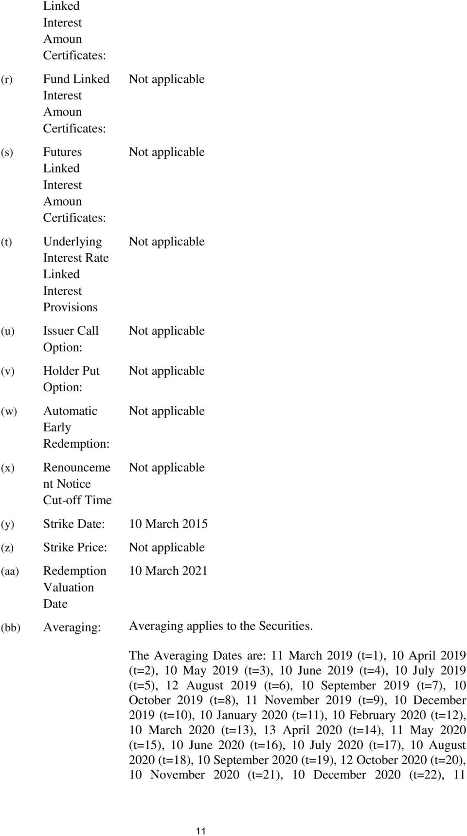 March 2021 (bb) Averaging: Averaging applies to the Securities.