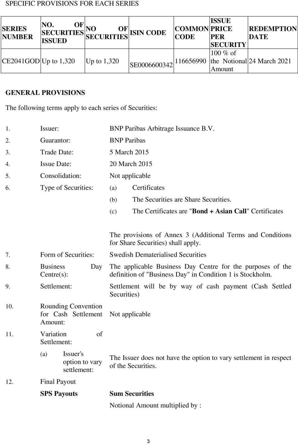 Amount GENERAL PROVISIONS The following terms apply to each series of Securities: 1. Issuer: BNP Paribas Arbitrage Issuance B.V. 2. Guarantor: BNP Paribas 3. Trade Date: 5 March 2015 4.