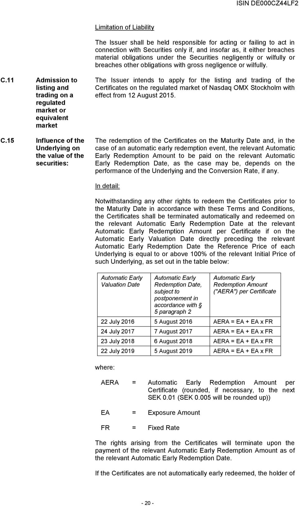 15 Influence of the Underlying on the value of the securities: The Issuer intends to apply for the listing and trading of the Certificates on the regulated market of Nasdaq OMX Stockholm with effect