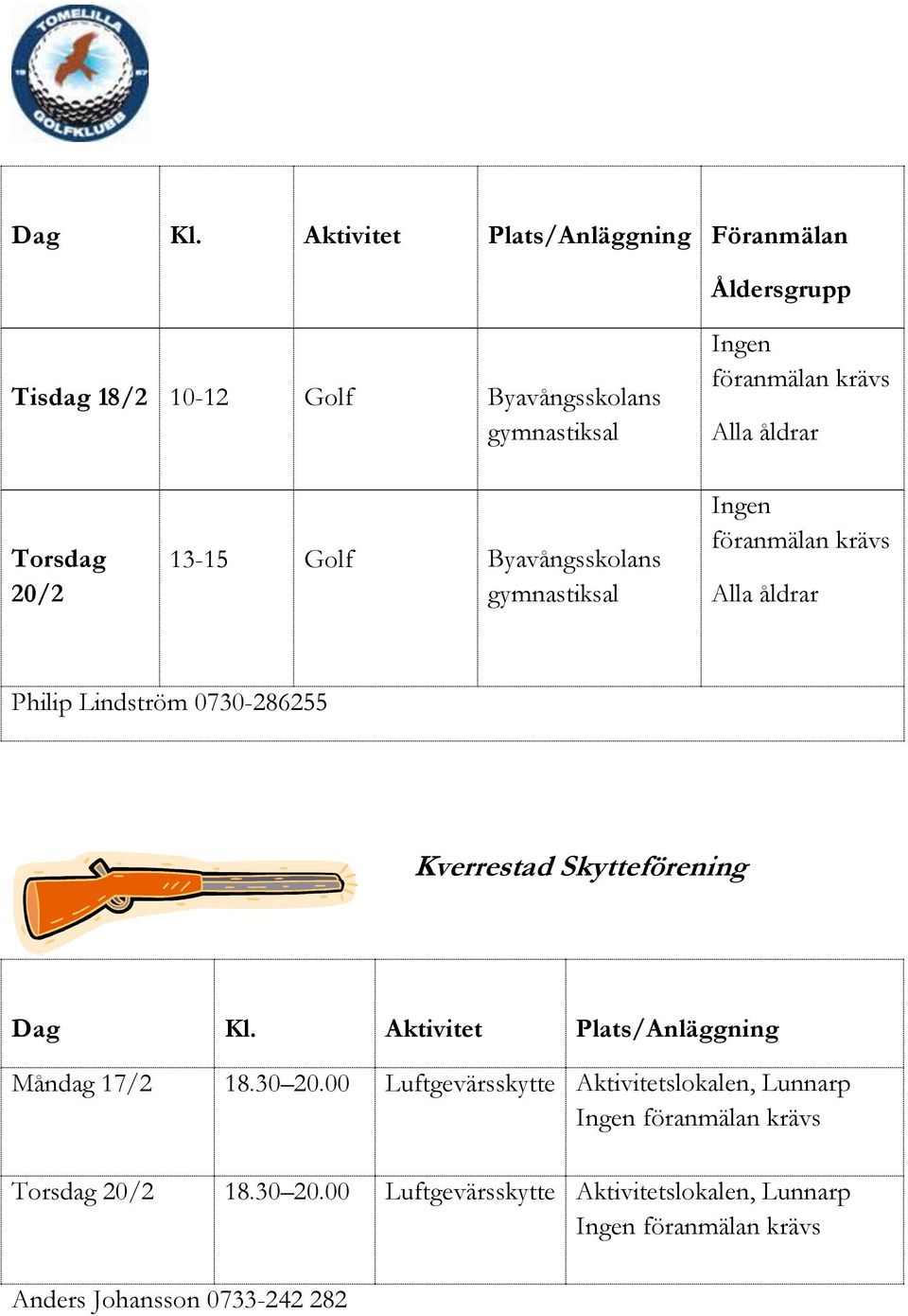 åldrar Torsdag 20/2 13-15 Golf Byavångsskolans gymnastiksal Ingen föranmälan krävs Alla åldrar Philip Lindström 0730-286255